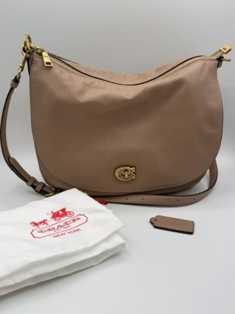 Coach CA079 Beige Turnlock Hobo Polished Pebble Leather Crossbody Bag Dust Bag